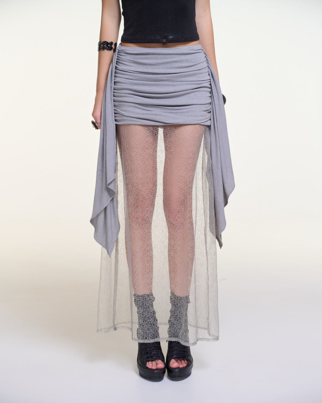 Shear Skirt – Ruched Sheer Layer Skirt by INTO.EIGHT