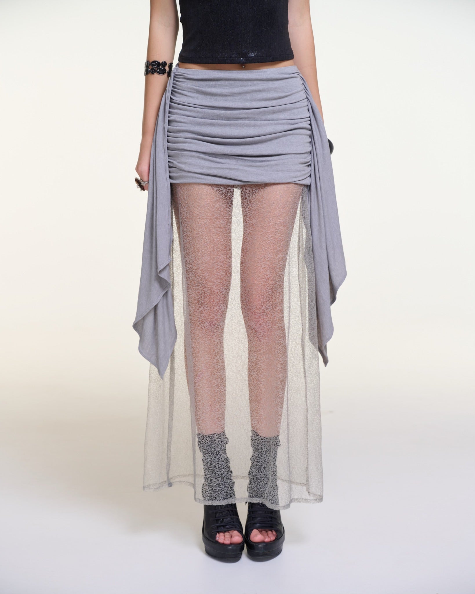 Shear Skirt – Ruched Sheer Layer Skirt by INTO.EIGHT