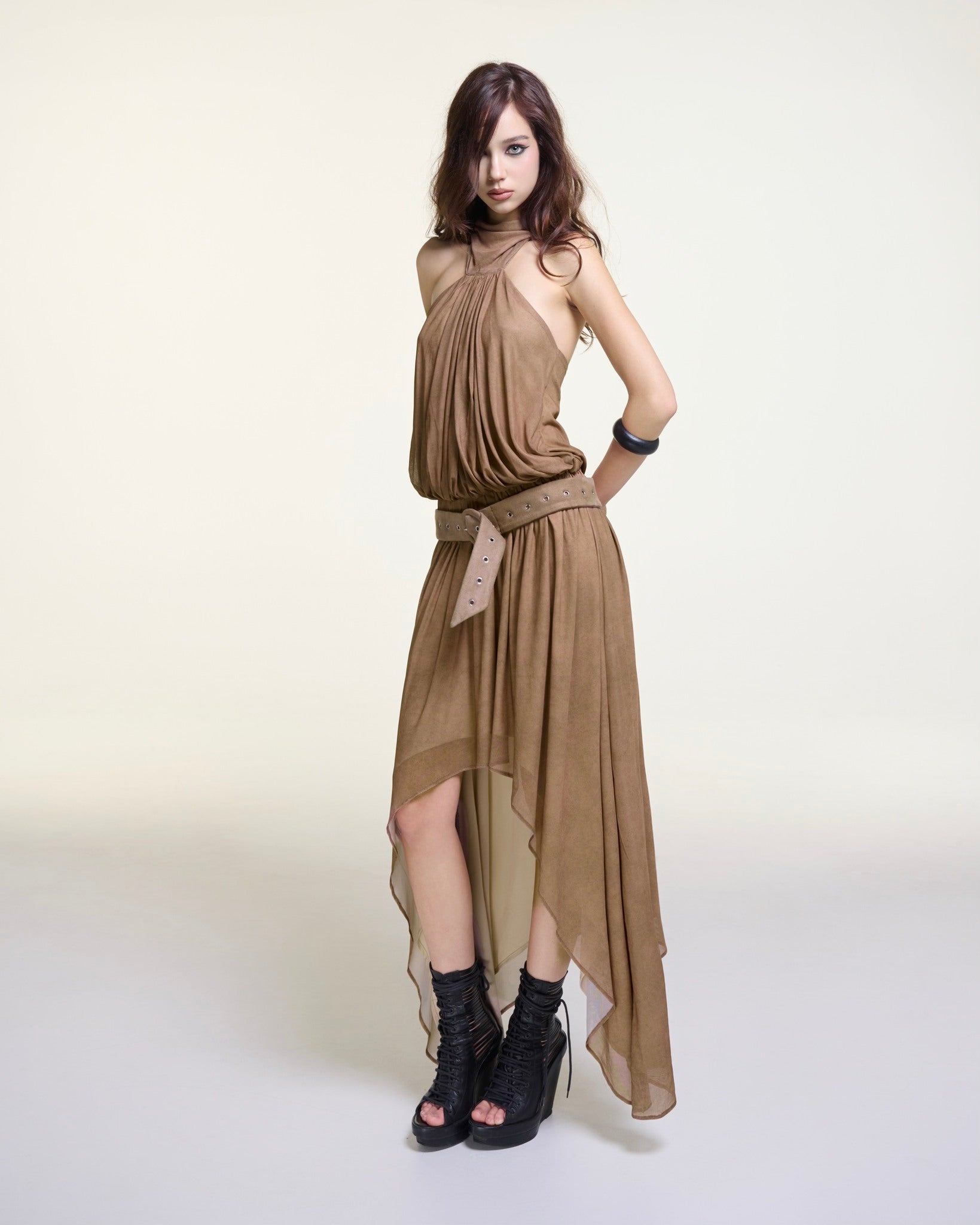Taupe Dress – Halter Neck Dress by INTO.EIGHT