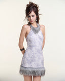 Marble Dress – Faux Fur Trim Mini Dress by INTO.EIGHT