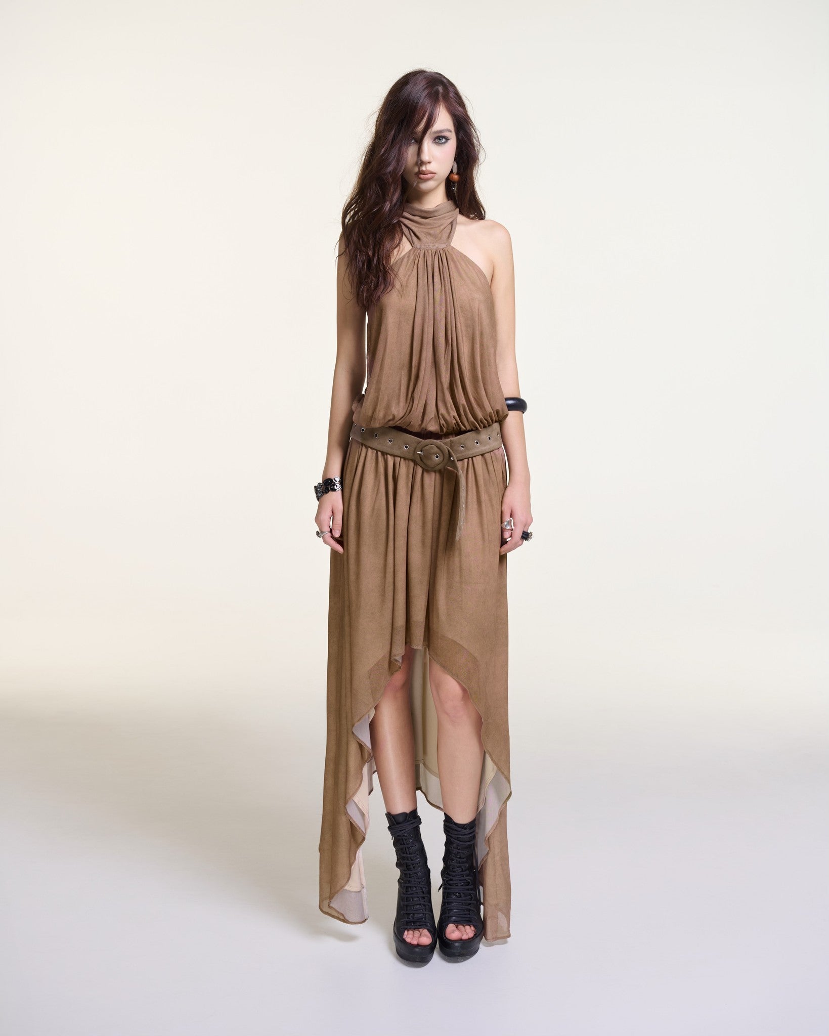 Taupe Dress – Halter Neck Dress by INTO.EIGHT