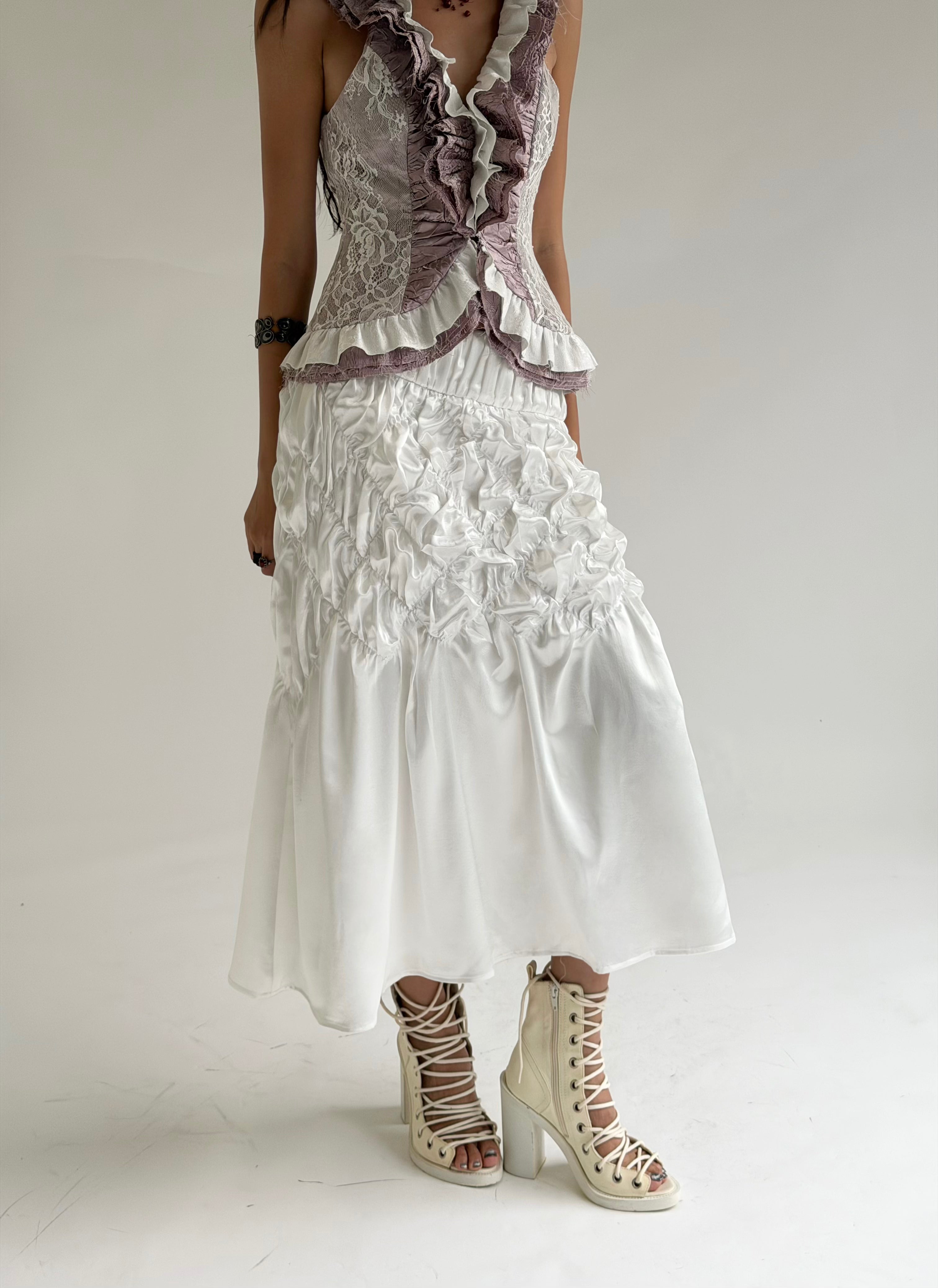 Beam Skirt – Ruched Satin Midi Skirt by INTO.EIGHT