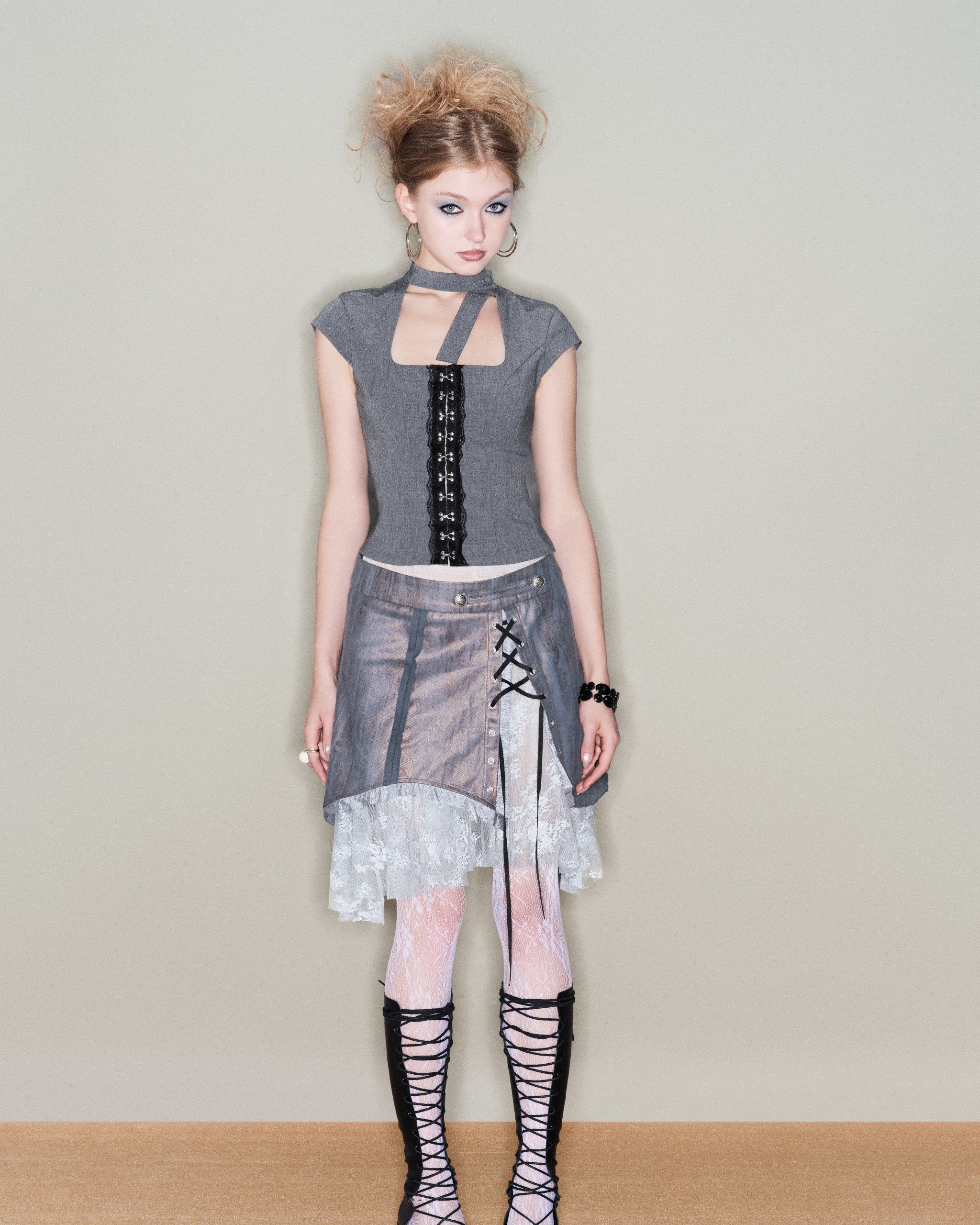 Glitch Skirt – Lace Panel Midi Skirt by INTO.EIGHT