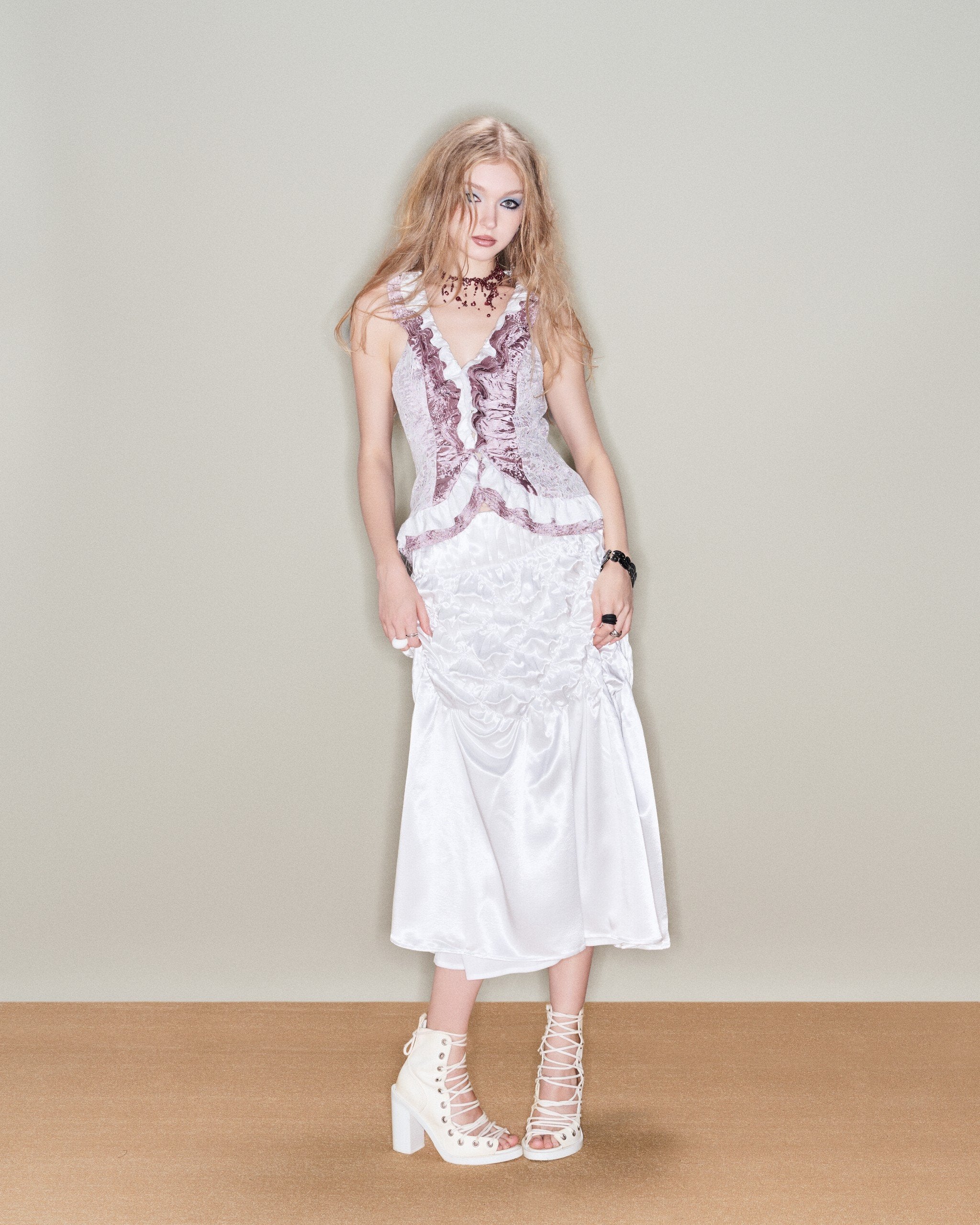 Beam Skirt – Ruched Satin Midi Skirt by INTO.EIGHT